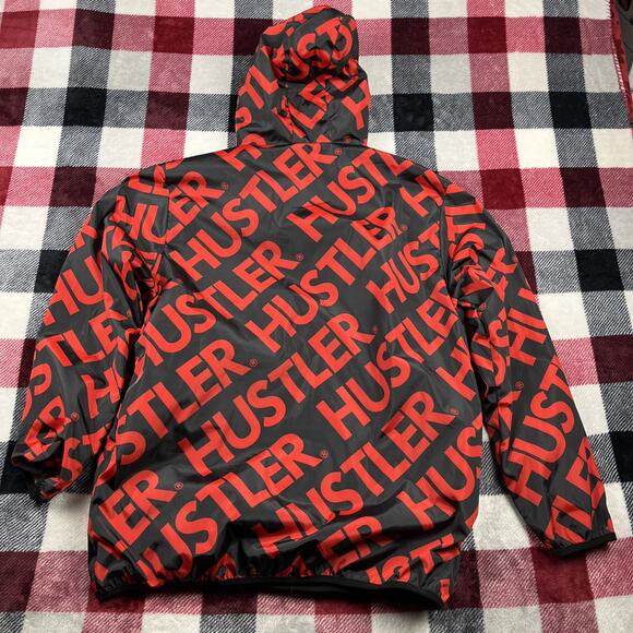 Hustler Jacket Mens L Half-Zip Anork Red Black Hooded Allover Print Reason Brand - Picture 5 of 9